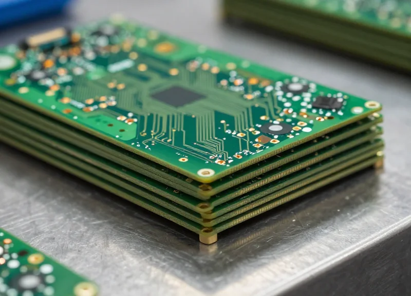 A professional and neat stack of high-quality green FR4 printed circuit boards in an industrial setting, showing copper traces and fiberglass texture.
