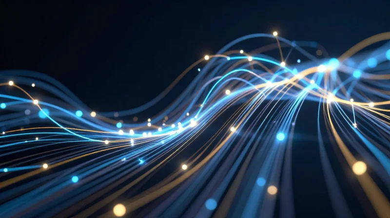 The Catalysts of the 400G Revolution Abstract data visualization showing high-speed connectivity flows and digital nodes representing 5G and AI forces.