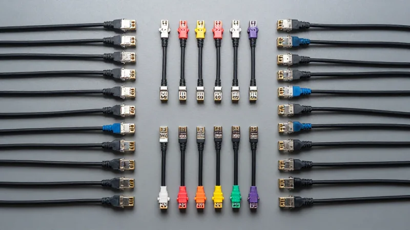 Fiber Cabling Infrastructure for 400G Migration Flat lay of high-density MPO fiber optic cables and connectors used in 400G networking.