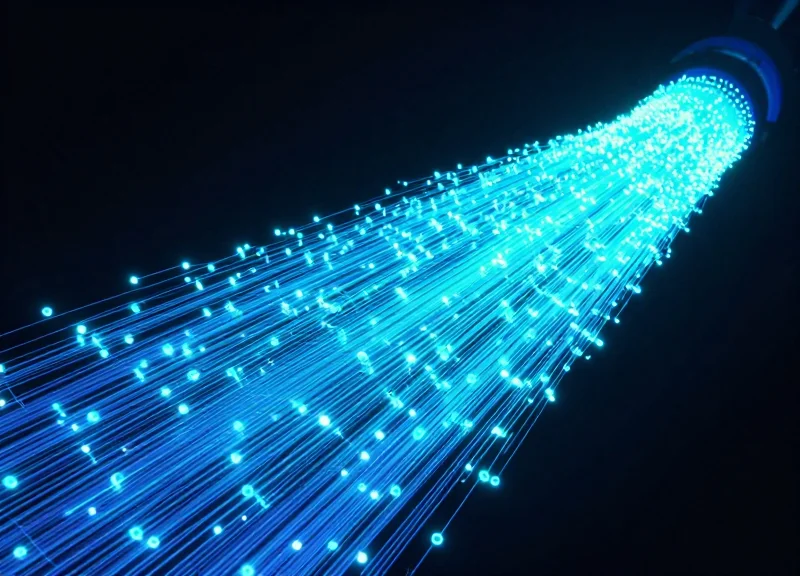 An abstract digital visualization of high-speed fiber optic data streams flowing and expanding in a dark futuristic environment, representing network bandwidth migration.