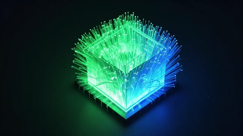 Abstract digital visualization of energy efficiency with glowing green and blue light trails.