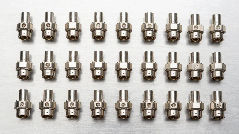Flat lay of modern high-density fiber optic connectors and cables.