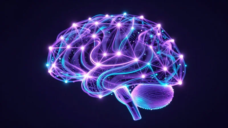 Abstract digital visualization of an AI neural network with glowing nodes.
