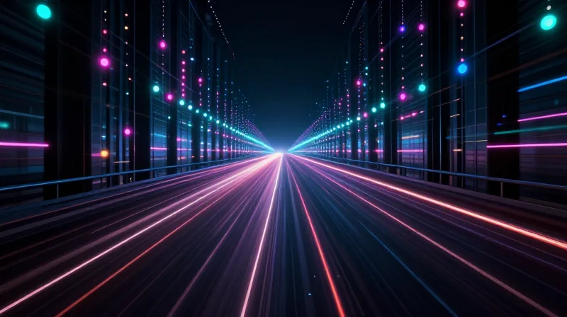 Digital data tunnel extending into the horizon with neon light trails.
