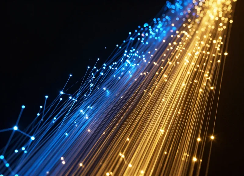 Abstract visualization of high-speed data streams in a dark cyber environment, showing a transition from smaller blue fiber optic lines to larger, more intense golden light trails representing network capacity upgrade.