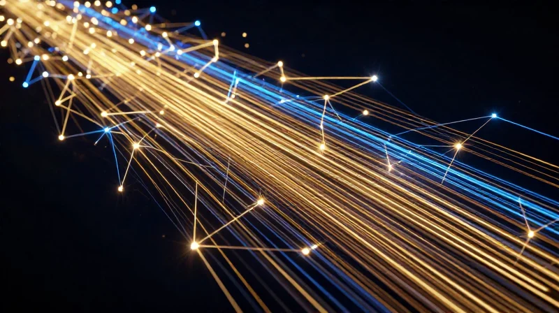 Abstract visualization of global data traffic flowing through glowing fiber optic lines representing the shift to 400G.
