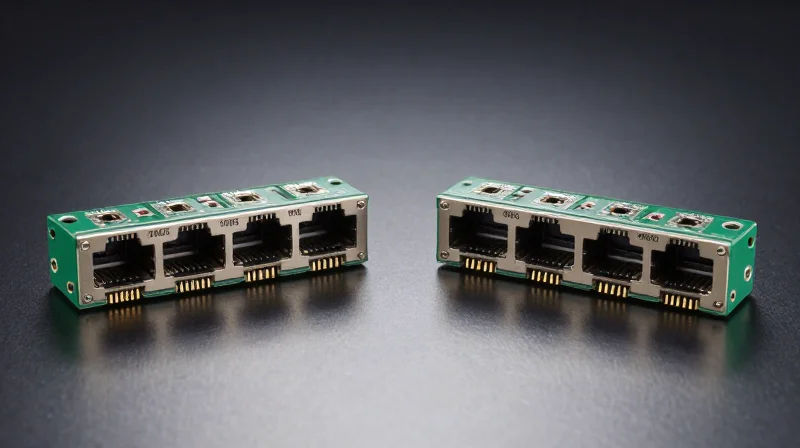 Side-by-side comparison of a 100G QSFP28 module and a 400G QSFP-DD module on a clean tech surface.