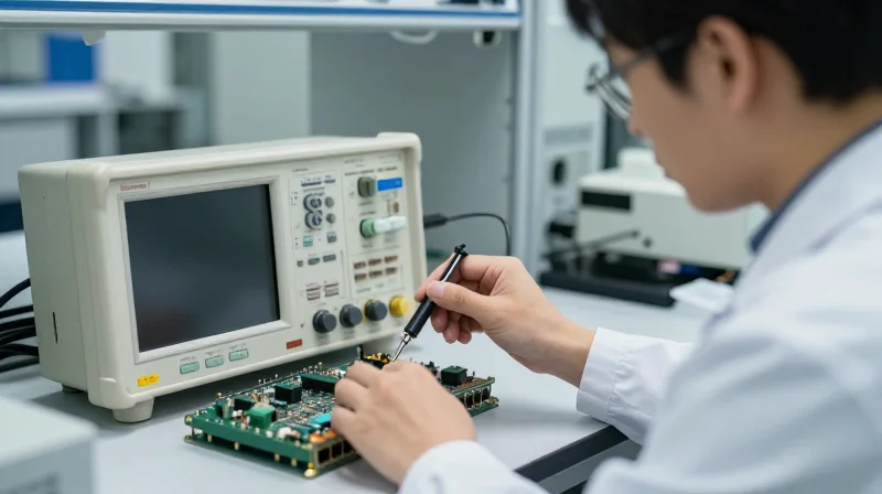 Professional technician performing signal integrity tests on network hardware in a clean high-tech laboratory.