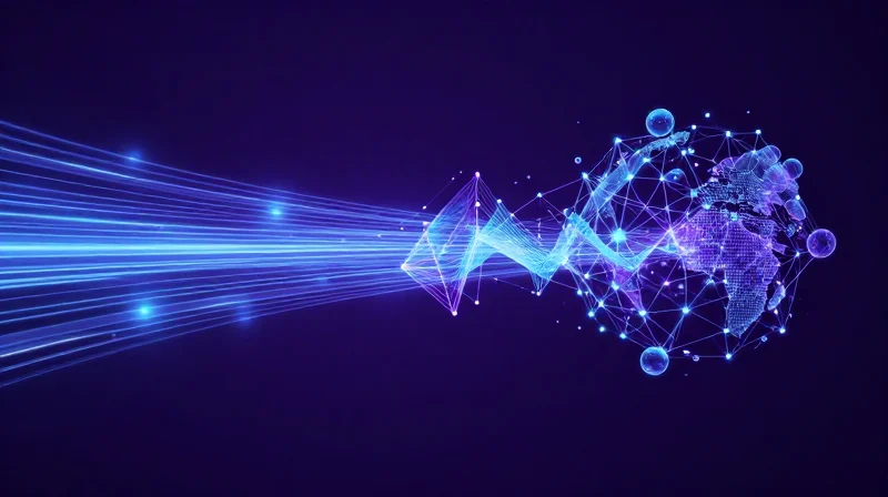 Visionary representation of network nodes evolving from 400G to 800G and beyond through light trails.