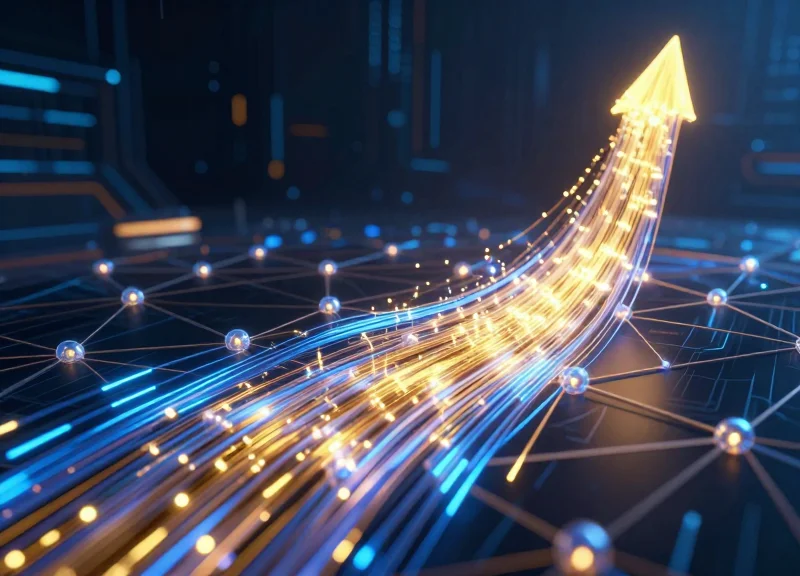 Abstract visualization of high-speed data migration through glowing fiber optic cables and connected digital nodes in a dark technological environment.