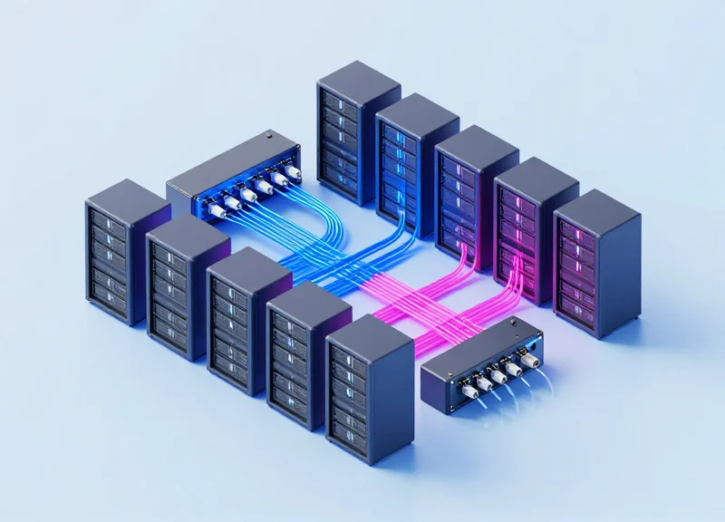 An isometric 3D illustration of high-speed networking hardware and glowing fiber optic connections, representing data center migration and infrastructure scaling.