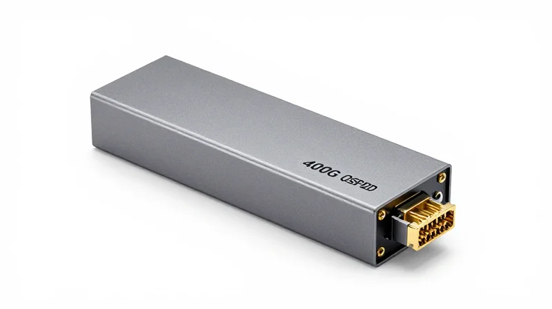 Professional studio shot of a 400G QSFP-DD optical transceiver module.