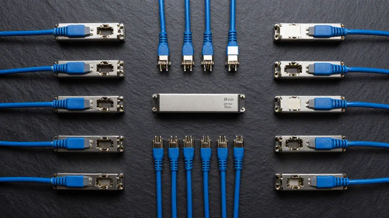 A flat lay arrangement of multiple optical transceivers and fiber optic cables representing bulk procurement.