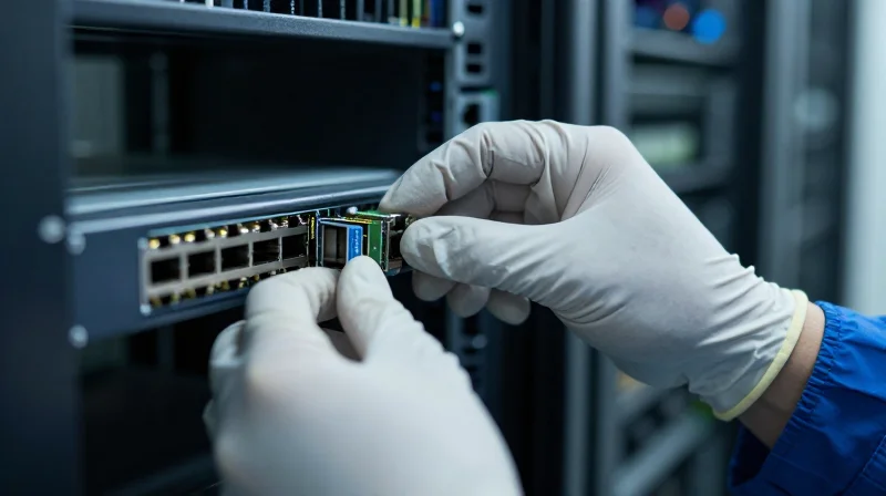 A close-up of a technician's hands inserting a 400G module into a high-density network switch.