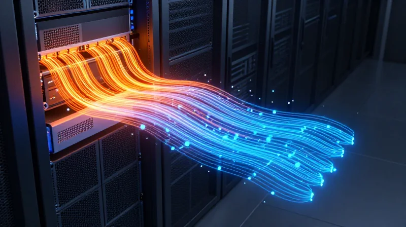 Abstract visualization of airflow and cooling in a high-density server environment.