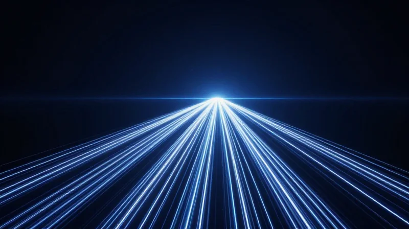 Conceptual image showing a bright light trail path leading into a futuristic digital horizon.