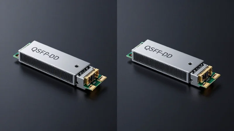 Standard Form Factors: QSFP-DD vs. OSFP Side-by-side comparison of QSFP-DD and OSFP cable modules on a professional workbench.