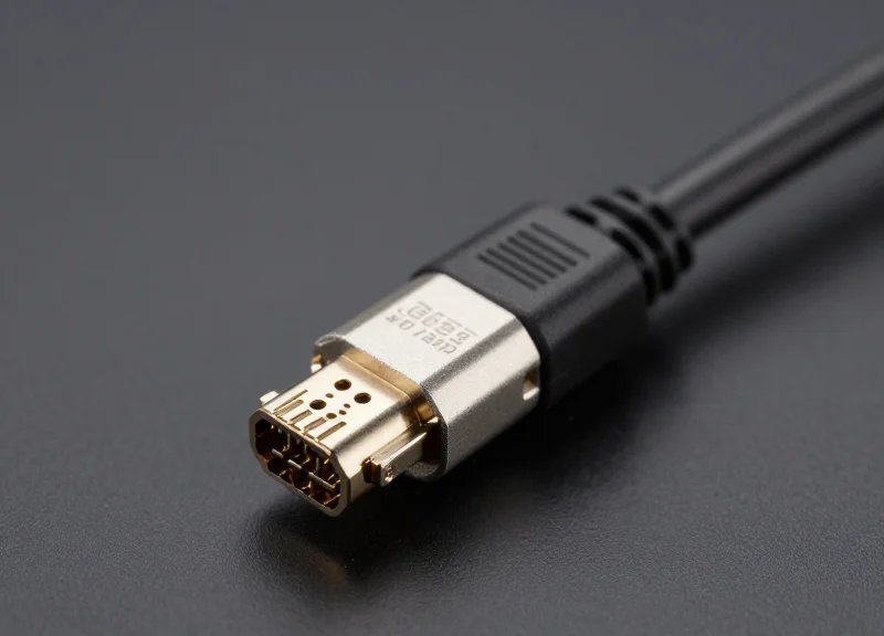 A high-resolution studio shot of a 400G DAC (Direct Attach Cable) showing the detailed metallic connector and thick high-speed copper cabling.