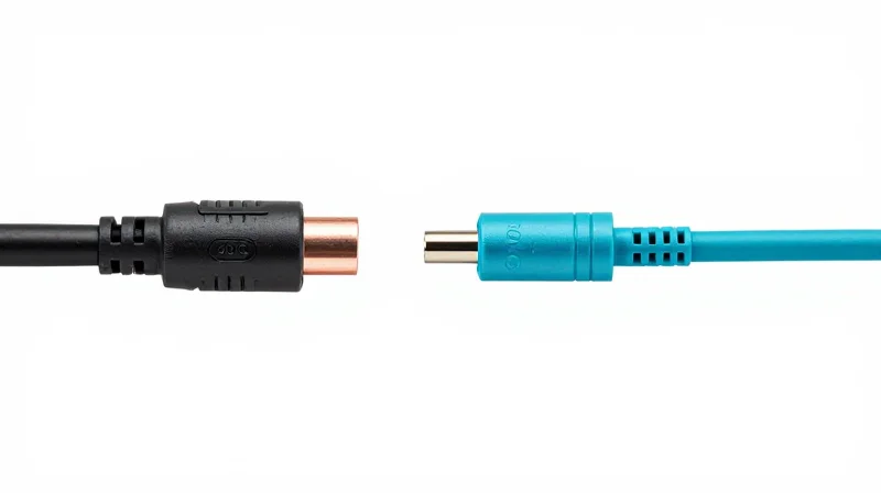 Comparative Analysis: 400G DAC vs. 400G AOC Visual comparison between a thick black copper DAC cable and a thin colored optical AOC cable.