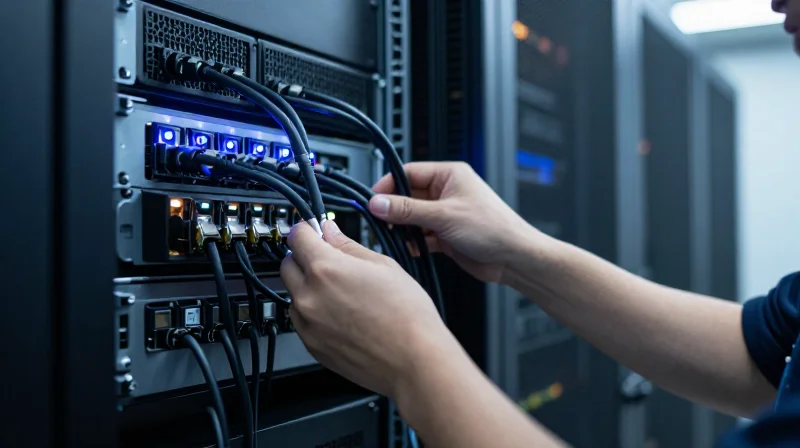 Primary Application Scenarios in Modern Data Centers A network engineer installing 400G DAC cables in a high-density server rack environment.