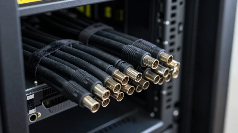 Deployment Challenges: Bend Radius and Cable Management Close-up of properly managed 400G DAC cables showing safe bend radius and cable organization.