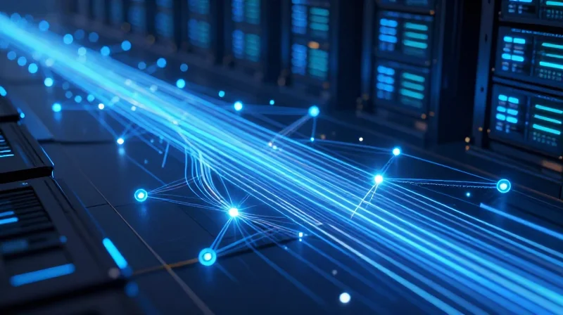 Understanding the 400G Interconnect Landscape Abstract 400G high-speed data interconnect landscape with glowing fiber optics and network nodes.