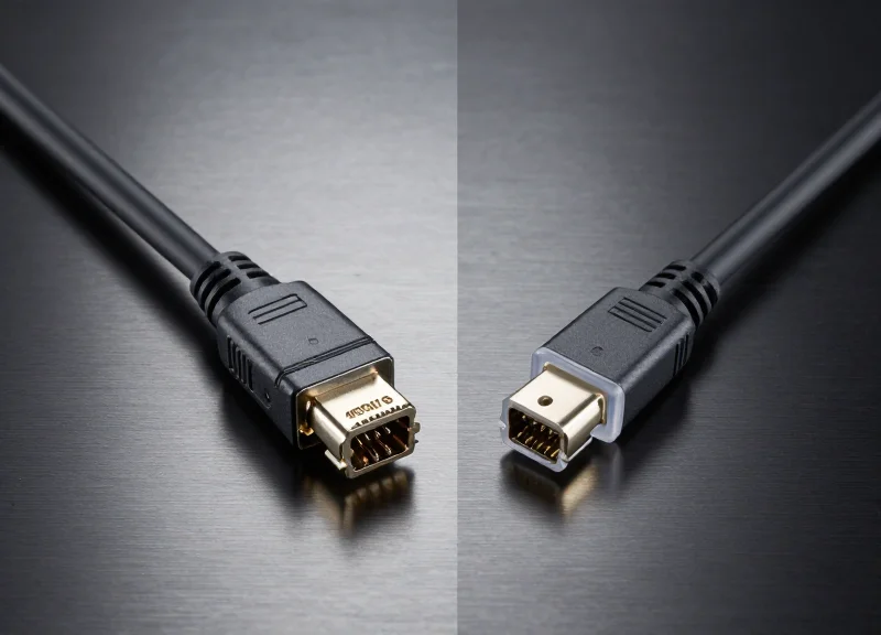 A professional side-by-side comparison of a thick black 400G DAC cable and a sleek optical fiber cable on a modern dark metallic surface.