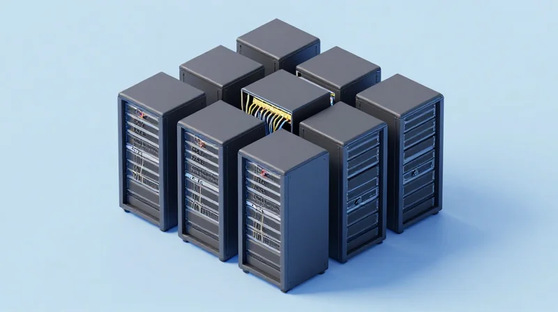 Deployment Scenarios: ToR vs. MoR Architectures Isometric 3D view of server racks in a data center illustrating Top-of-Rack deployment strategy.