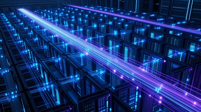 Abstract visualization of 400G data center networks with glowing light trails and server racks.