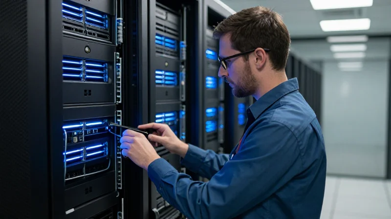 Professional data center environment with high-end server infrastructure.