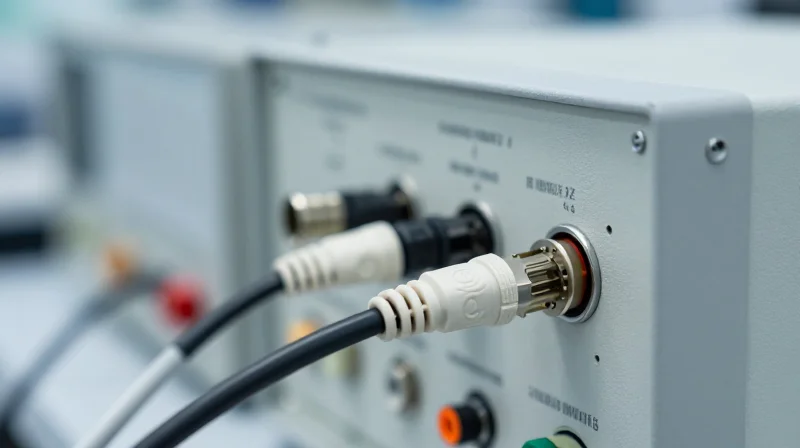 High-speed cable connected to specialized signal integrity testing equipment in a lab.