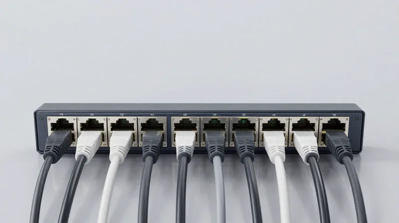 Networking switch with various DAC cables plugged into ports to demonstrate compatibility.