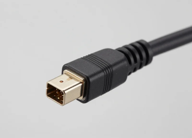 A close-up professional studio shot of a 400G DAC high-speed network cable connector with a premium metallic finish and matte black cable.