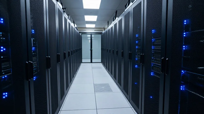 A wide-angle cinematic shot of a modern high-density data center with server racks illuminated by blue LED lights.