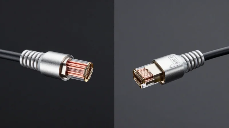 A side-by-side comparison of a thick copper cable and a thin optical fiber cable on a dark surface.