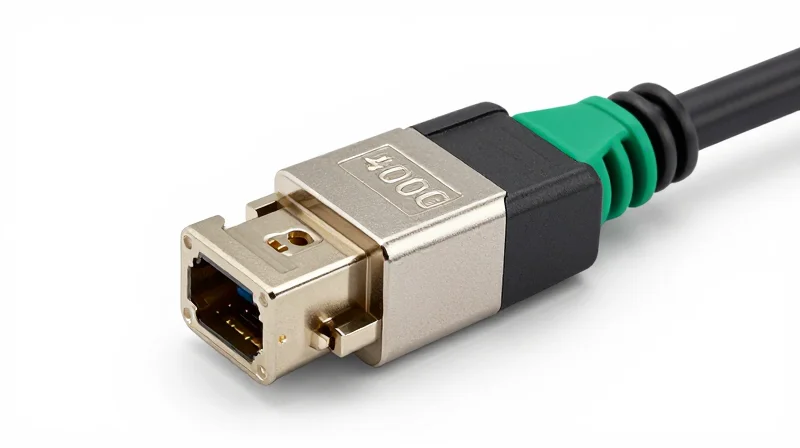 Close-up of a 400G QSFP-DD DAC cable connector showing the metallic shielding and pull tab.