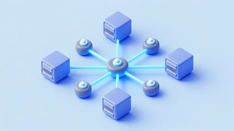 Isometric 3D illustration of interconnected server modules and glowing network nodes.