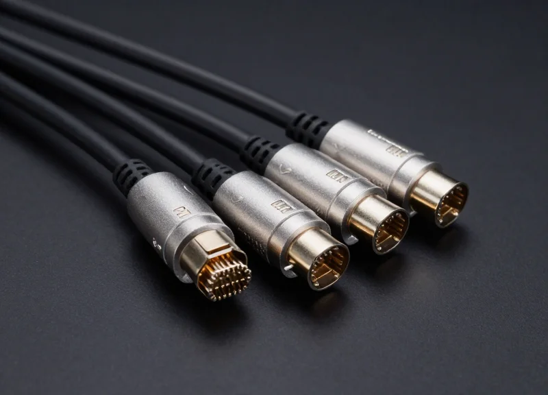 A close-up shot of several professional 400G DAC high-speed cables with high-quality metallic connectors and thick black shielding, neatly arranged on a dark industrial surface.