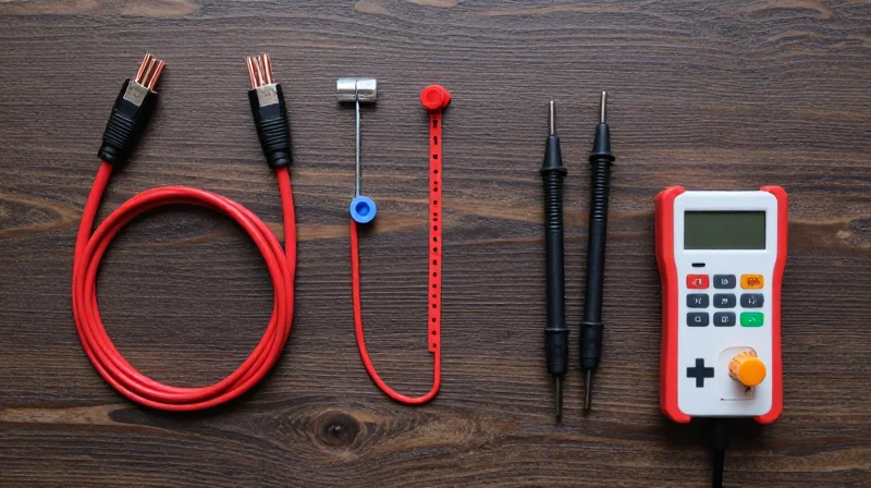Flat lay of network engineering tools and custom-length copper cables neatly arranged on a wooden table.