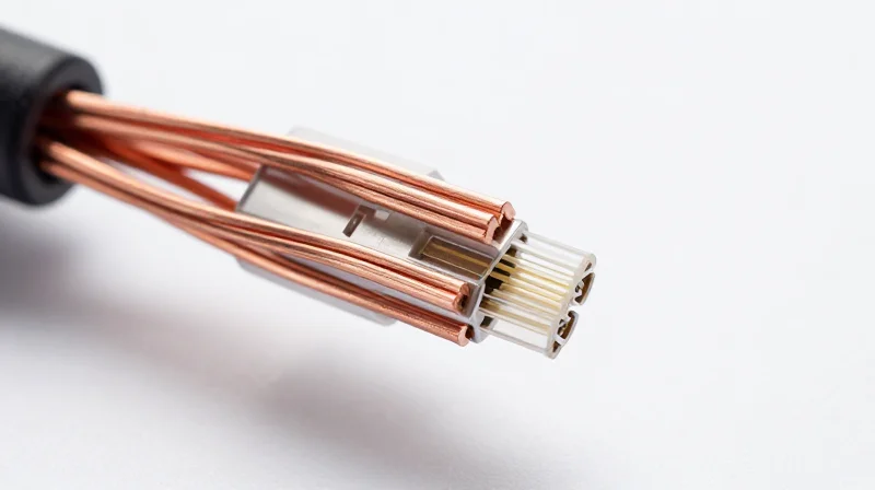 Physical Architecture: Copper vs. Fiber Optics Macro cross-section view showing internal copper wiring and optical fiber filaments.