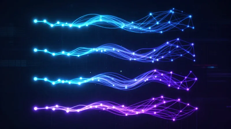 Signal Integrity and PAM4 Modulation Abstract 3D visualization of PAM4 signal levels in neon colors.