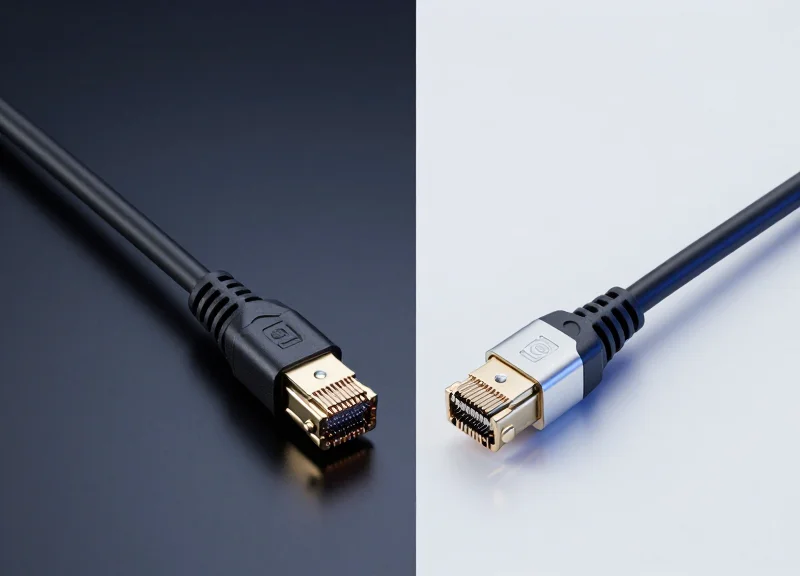 A professional side-by-side studio comparison of a thick copper DAC cable and a slim optical AOC cable on a dark tech-inspired background.