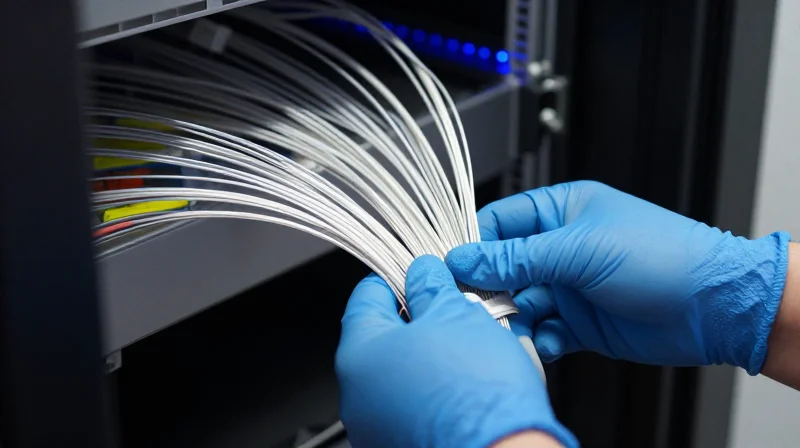 Cable Management: Weight, Bend Radius, and Airflow Technician organizing neat bundles of optical cables in a data center.