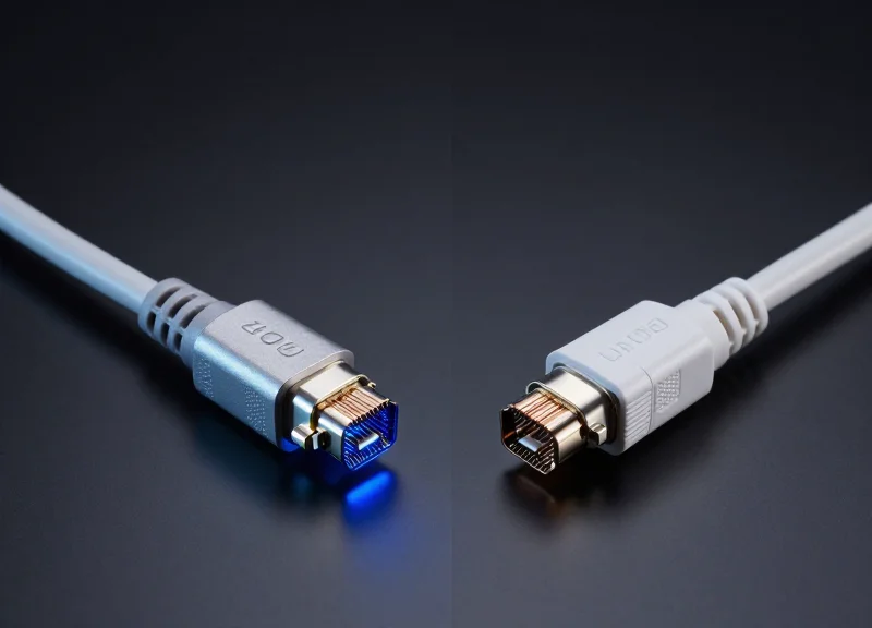 A professional side-by-side comparison of a 400G Active Optical Cable (AOC) and a Direct Attach Copper (DAC) cable on a dark reflective tech surface.