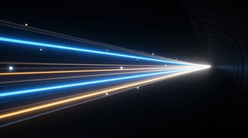 Latency Benchmarking: DAC vs. AOC vs. AEC Abstract representation of data transmission latency and speed using light trails