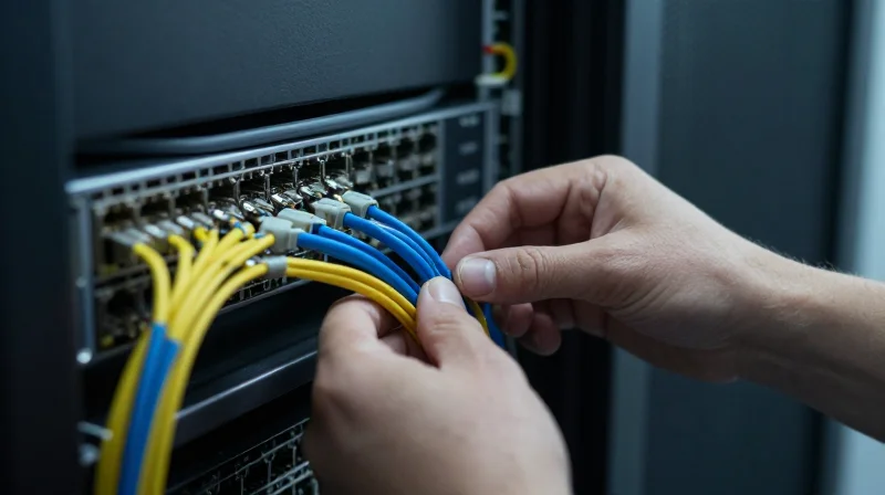 Installation and Reliability Best Practices Technician hands organizing network cables in a server rack for proper airflow