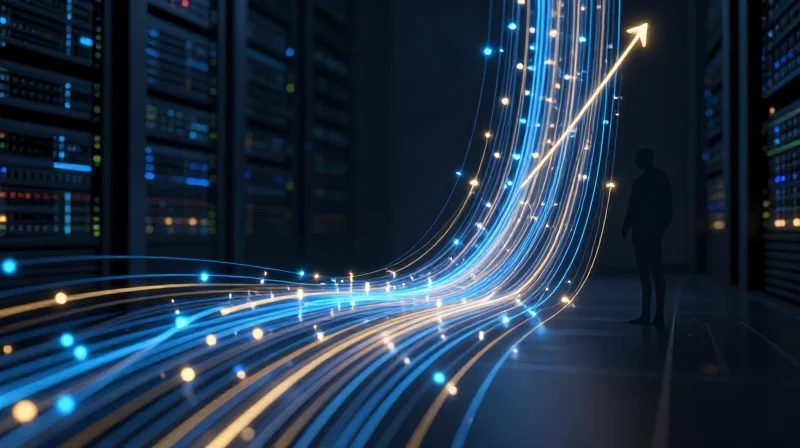 The Rise of 400G Ethernet in Modern Data Centers Abstract visual of high-speed data transmission in a modern data center environment.