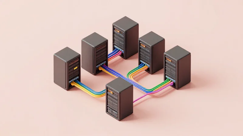 Deployment Strategies: Choosing the Right Solution for Your Architecture 3D isometric diagram of server racks connected by AOC and DAC cables.