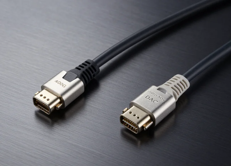 High-speed 400G AOC and DAC networking cables placed side-by-side on a dark professional surface, showcasing their distinct connector designs and cable textures.