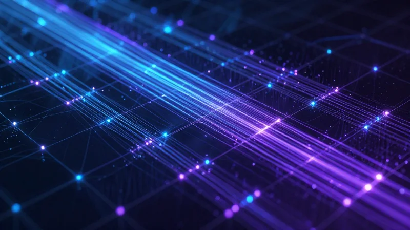 Abstract visualization of a high-speed 400G network architecture with glowing data streams.